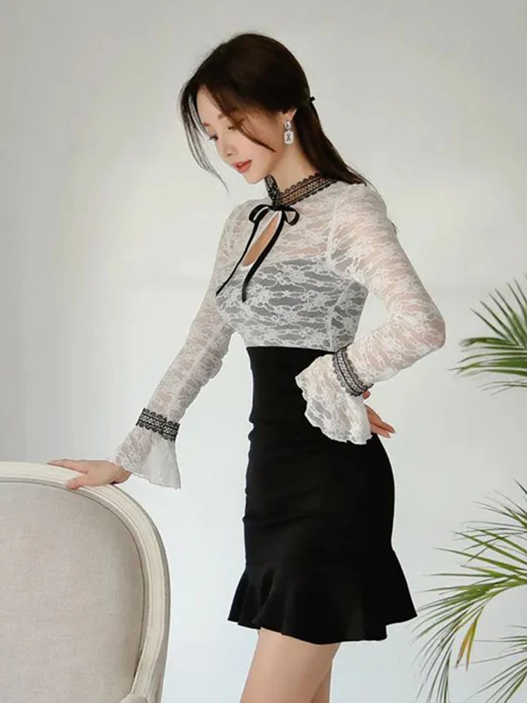 Vestidos cortos coreanos elegantes para Mujer, dulce encaje blanco transparente, Sexy, con lazo hueco, volantes, cola de pez, fiesta, fecha, calle, Mujer