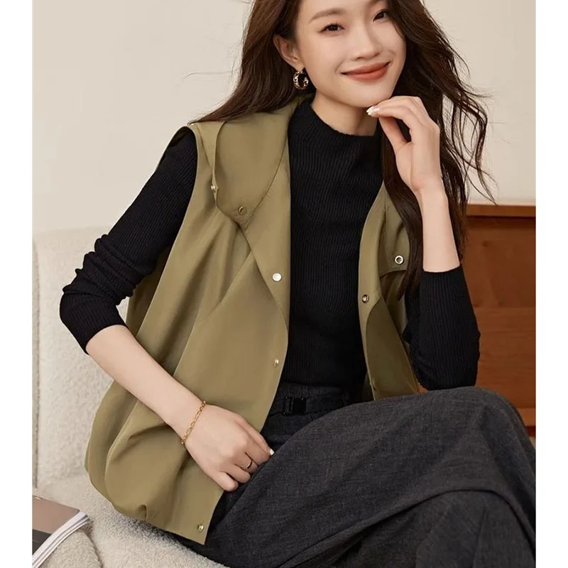 

Весенне-осенний женский тонкий жилет, верхняя одежда штурмовика, новый женский жилет на подкладке с капюшоном, пальто, женская модная куртка без рукавов