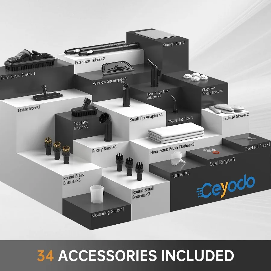 Pembersih Uap Bertenaga Tinggi dengan Wadah Besar dan 34 Aksesoris, Pel Uap dengan Kabel Daya Ekstra Panjang 16,4 Kaki untuk Kebersihan Rumah