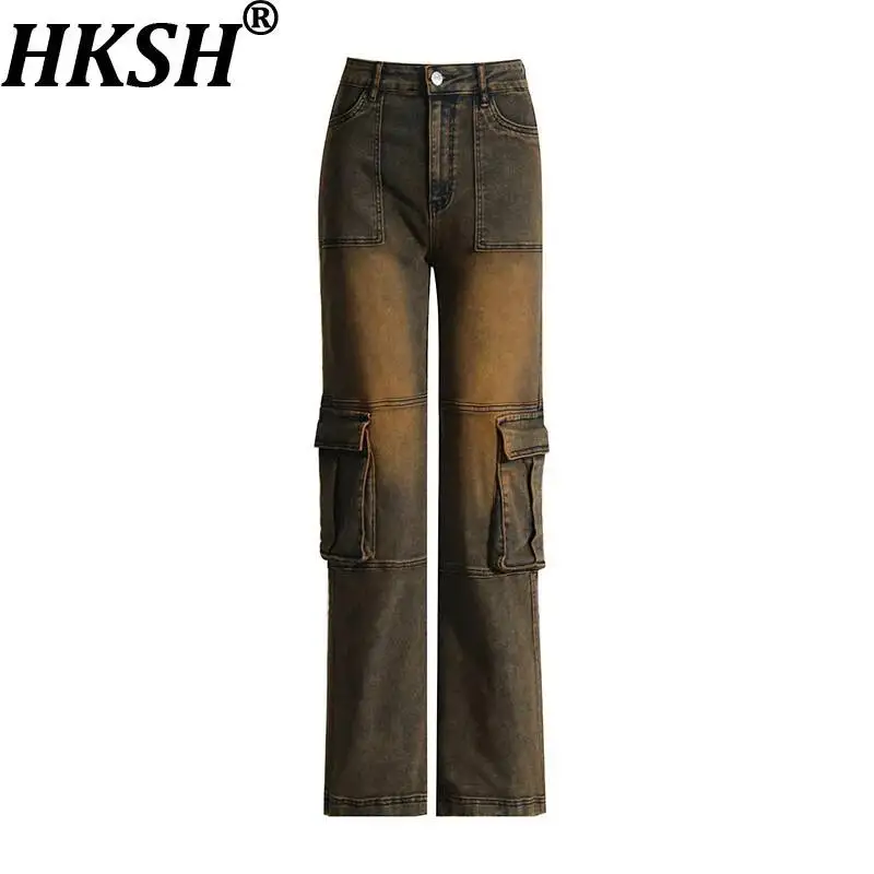 

HKSH Women Jeans American Retro Multi-pocket Distressed Denim Vintage Streetwear Y2K Casual Straight Pants Spring Autumn HK22703