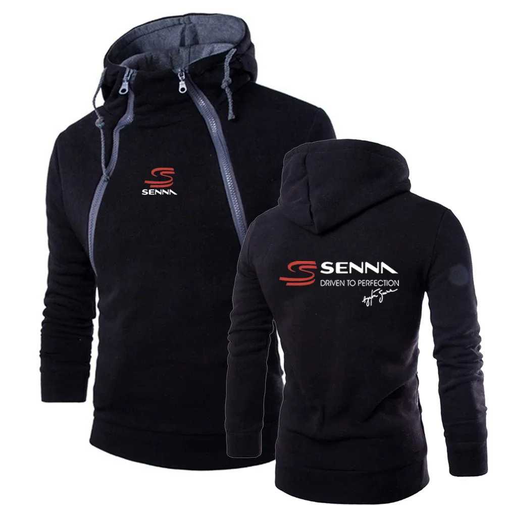 

2024 Spring Autumn Men's Ayrton Senna Logo Printed Popular Long Sleeve Solid Color Double Diagonal Zipper Design Hooded Pullover