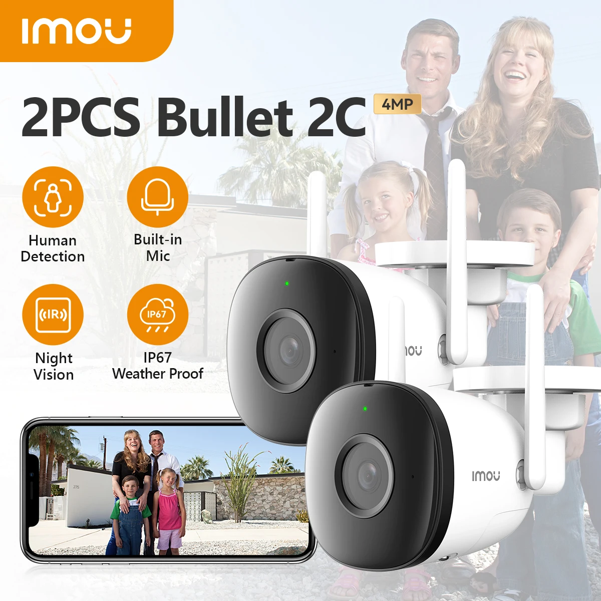 IMOU 2PCS Bullet 2C 4MP Wi-Fi Dual Antenna Outdoor Night Vision IP67 Weatherproof Audio Recording AI Human Detect IPC-F22P