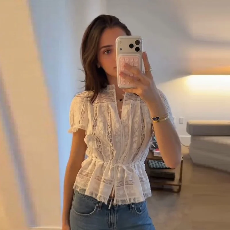 

Spring 2026 Women's Sweet Short Sleeve Shirt Button Embroidery Lace Tie Design Non-Shrinkable Pure Color Micro-Elastic