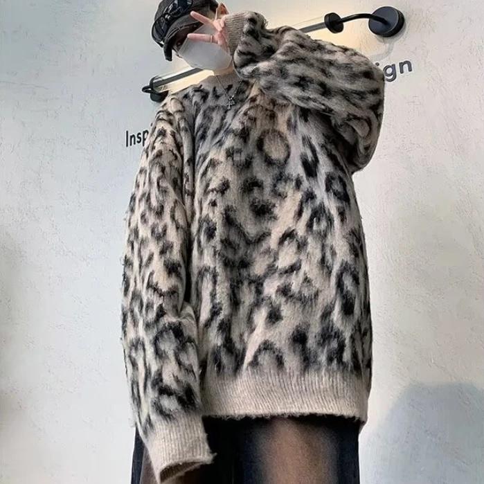 

Autumn Winter plus Size 300 Pou Trendy Vintage Color Blo Leopard Print Knitwear Warm Faionable Fat INS round Ne Sweater