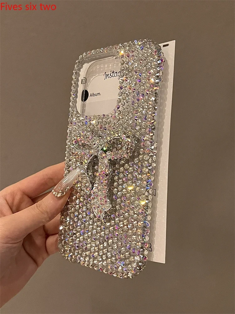 Luxury Fashion Full Bling Crystal Diamond Big Bow Phone Case For iPhone 16 Pro Max Case 15 14 13 12 11 X XS XR Shockproof Cover