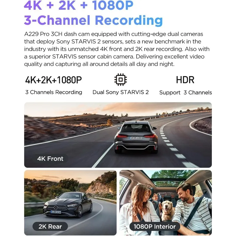 A229 Pro 3 Channel 4K HDR Dash Cam,4K+2K+1080P Front Inside and Rear Triple Car Camera, 24H Parking Mode, Support 512GB