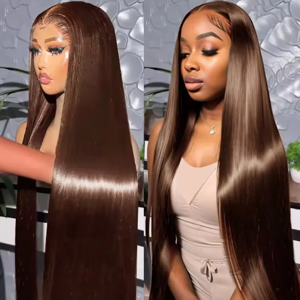

#4 Chocolate Brown Lace Front Wig 13x6 HD Transparent Lace Frontal 200 Density Silky Straight Pre Plucked Bleached Knots 46 Inch