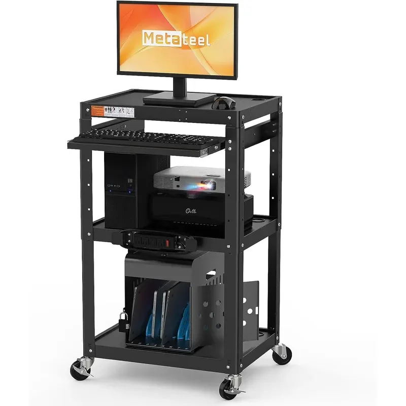 Presentation Cart Stand for Video Projector TV Laptop Computers Printers Metal Construction Rolling Cart with Adjustable
