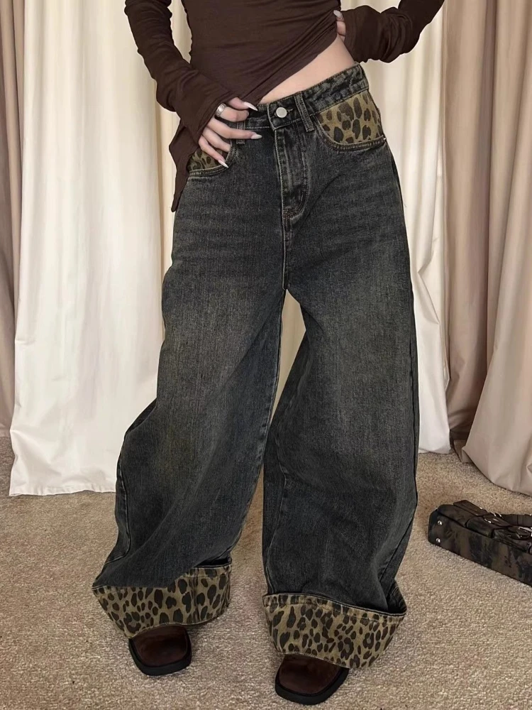 HOUZHOU-pantalones vaqueros con estampado de leopardo Retro americano para mujer, pantalones holgados lavados Vintage Y2k, pantalones vaqueros de calle con retales Grunge