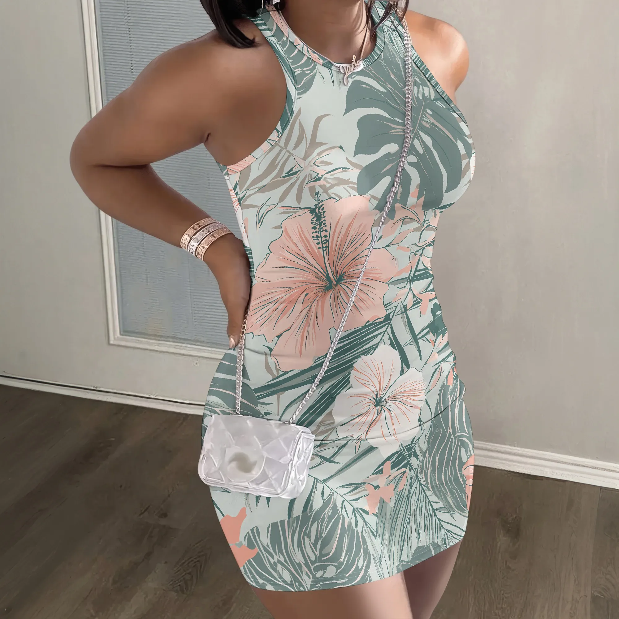 Floral Print Halter Dress, Tropical Leaf Pattern, Pink Hibiscus Design, Summer Party Wear, Beach Vacation Outfit, S-2XL