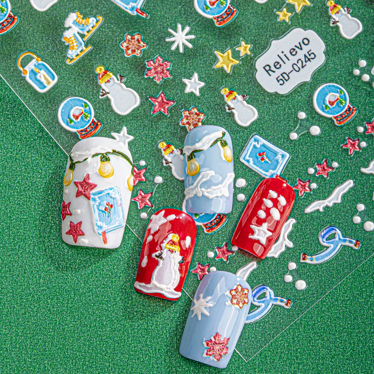 2 uds pegatina artística de uñas de Navidad de dibujos animados 5D muñeco de nieve copo de nieve estrellas autoadhesivas calcomanías de uñas para decoración de manicura DIY ﻿