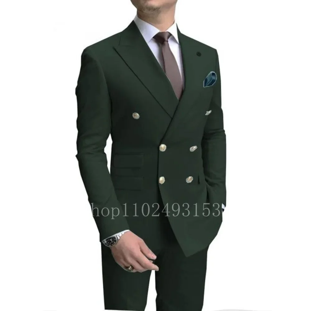 

M85Two piece suit groom groomsmen dress wedding banquet dress green double breasted suit