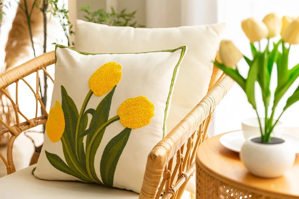 Reine Baumwolle Stickerei Tulpe Frühling Dekokissenbezüge Außenterrasse Kissenbezug Kissenbezüge Sommer Gartendekorationen Zuhause – Detail 4