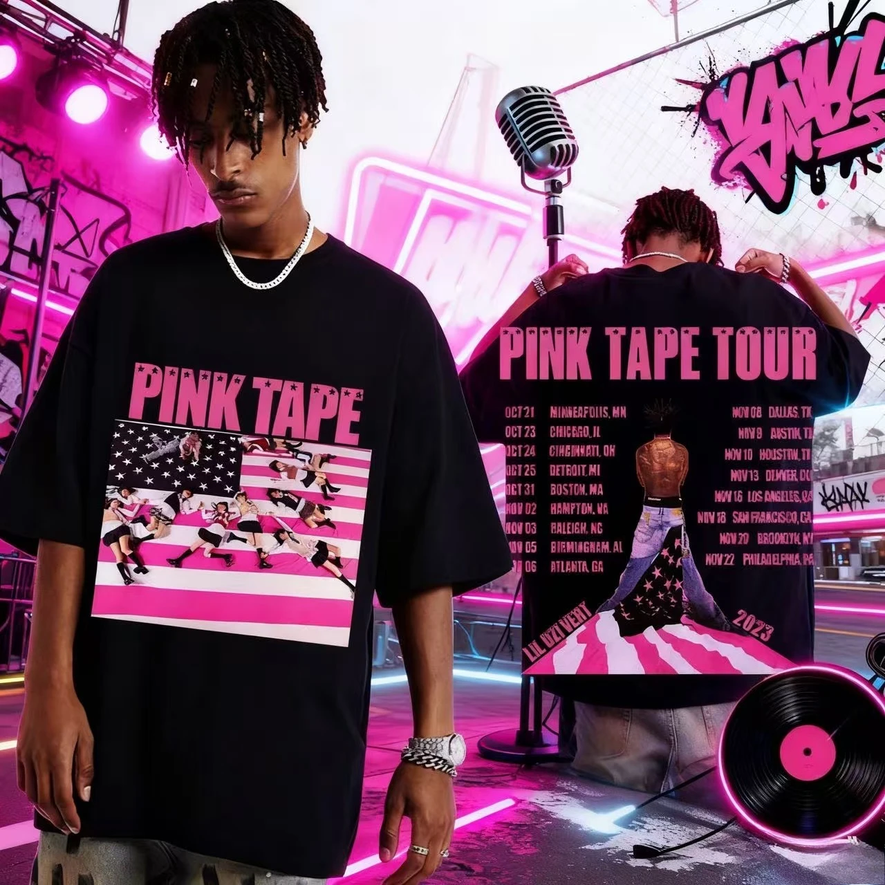 

2025-26 Rapper Lil Uzi Vert Concert Tour Pink Tape Graphic T-shirt Men's Hip-hop Summer Print 100% Pure Cotton Short-sleeved