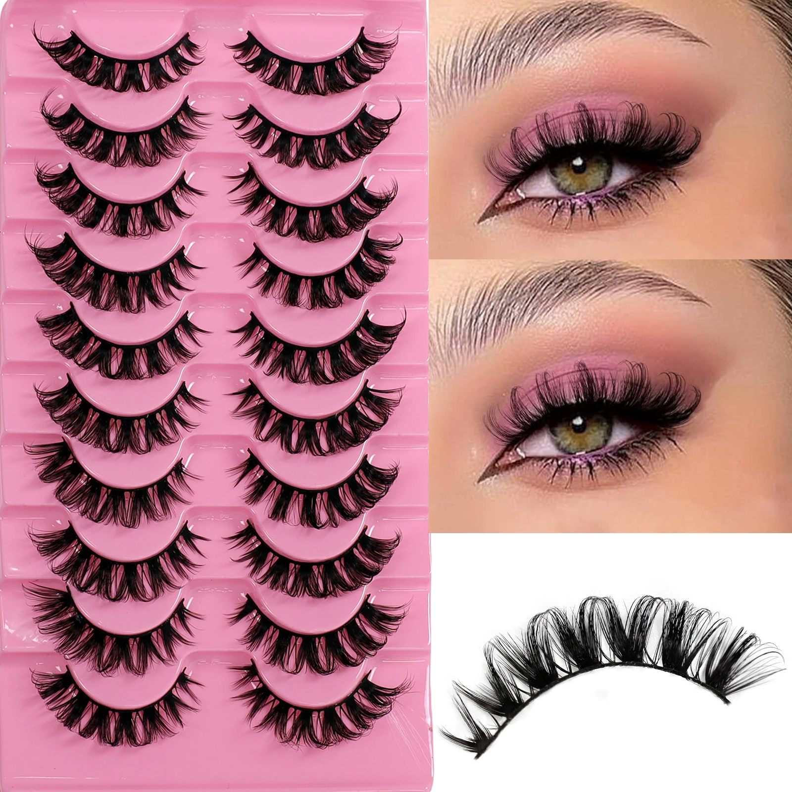 10 pairs of Russian curly false eyelashes DD with thick curvature, European and American eyelashes made of synthetic fibers, nat