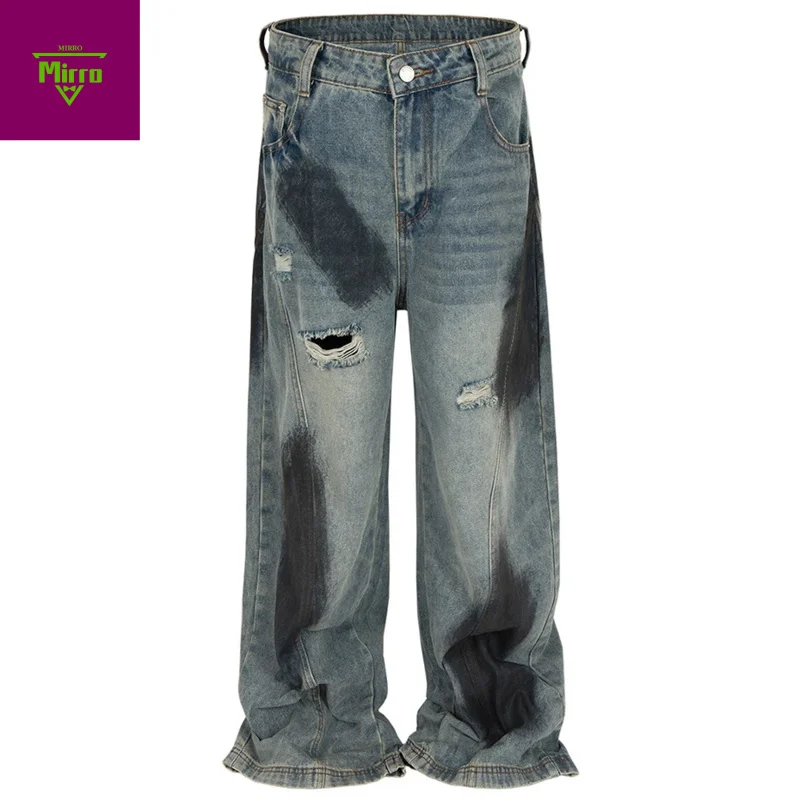 

【Mirrordust】Men's Vintag Baggy Jeans Ripped Loose Straight Denim Pants Streetwear Harajuku Hip Hop Jeans for Male
