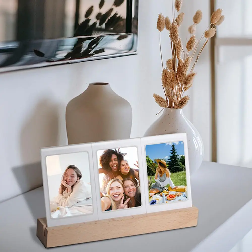 Photo Frame with Wooden Base & Warm Color LED Light Desktop Decor Light up Acrylic 3 inch Photo Frame For Fujifilm Instax mini