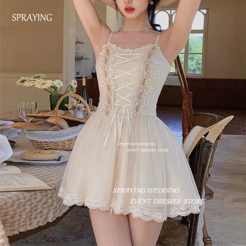 SPRAYING Sexy Lace Ribbon A-line Short Wedding Party Dresses Mini Strapless Evening Prom Dresses Spaghetti Straps Prom Gown