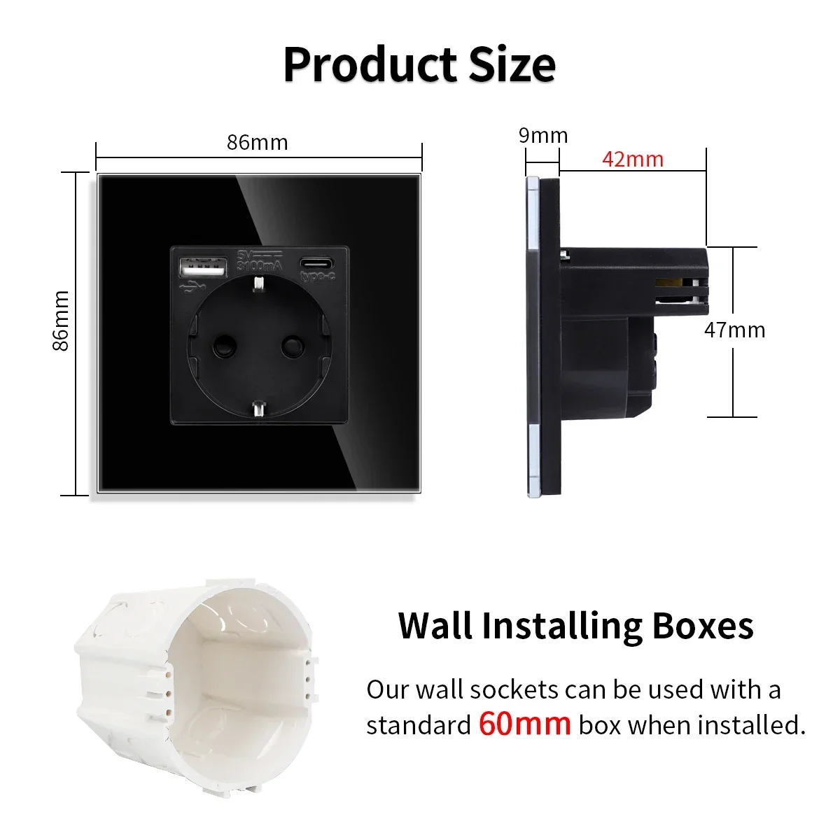 Enchufe de pared estándar de la UE con USB tipo C RJ45 CAT6, piezas de enchufe TV /ST, interruptor de botón mecánico, marcos de enchufe doble individual de vidrio