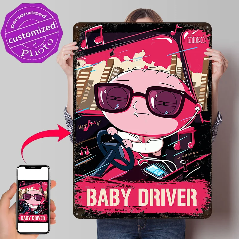 Stewie Griffin Baby Driver Fan Art 3D Printed Texture Poster Personalized Wall Art Retro Metal Tin Signs for Man Cave Decor Room
