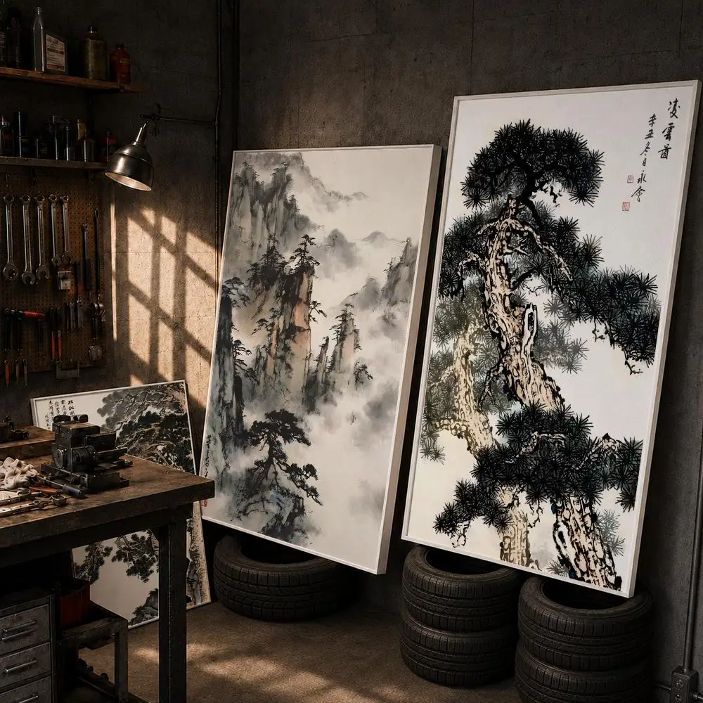 Chinese Ink Style Pine Tree Alpine Flow Water Poster HD Wall Art Home Decor Waterproof Print Bedroom Garage Party Gift