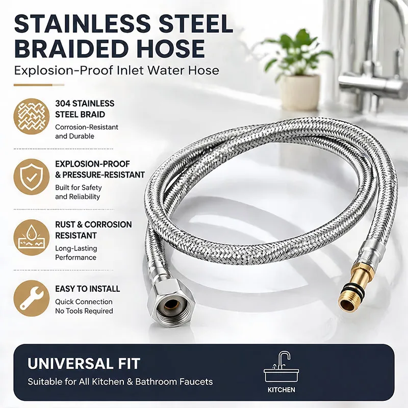 

304 Stainless Steel Braided Anti-Burst Water Inlet Hose, Hot/Cold Pointed Tip Universal Faucet Connector for Sink Basin
