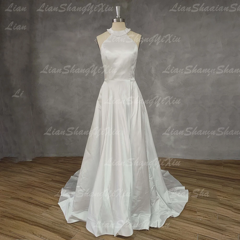 Satin Wedding Dress Halter Neck Pearl Collar Big Bow Open Back High Slit A-Line Bridal Gown Long Train Wedding Bridal Party 2026