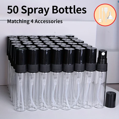 50 Uds + 4 accesorios mini botellas de spray de 5ml, con 50 botellas de spray, 1 embudo, 1 pipeta, 1 dispensador, 1 pipeta con resorte