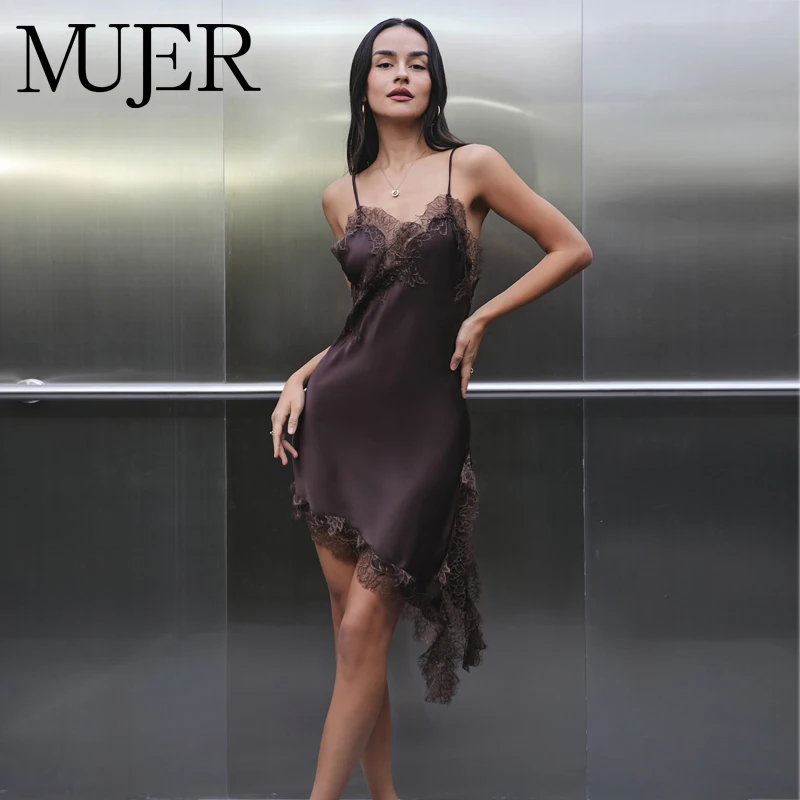 MUJER Satin Lace Slip Dress Woman Sexy Backless Mini Dress Women Asymmetric Evening Dresses for Women Yellow Black Women's Dress