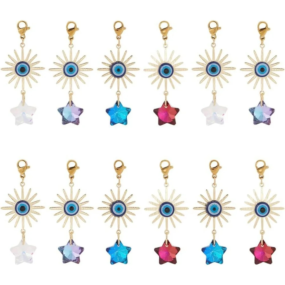 15 Pcs 3 Colors Brass Clip on Pendant, Solar Eclipse Links with Glass Star and Lobster Clasps Dangle Charms Pendant Lucky