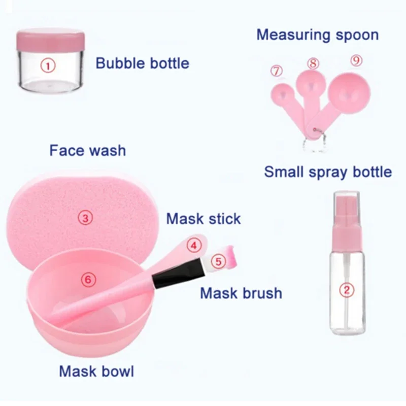 Kit de bol de masque facial rose bricolage, pinceau de maquillage, spatule, cuillère, vaporisateur, éponge de nettoyage, outils de soins de beauté pour la peau, 9 pièces
