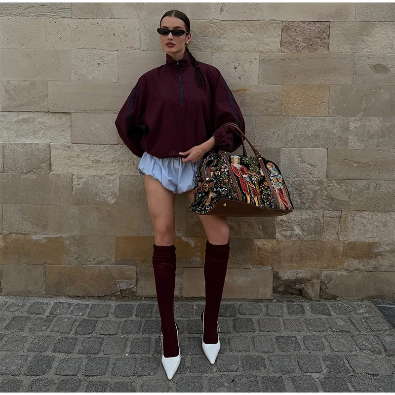 Halb-Reißverschluss Oversize-Mäntel für Damen, Street-Style Stehkragen, Laternenärmel, Paneelierte Lose Passende Jacken, Schicke Damen-Oberbekleidung – Detail 8