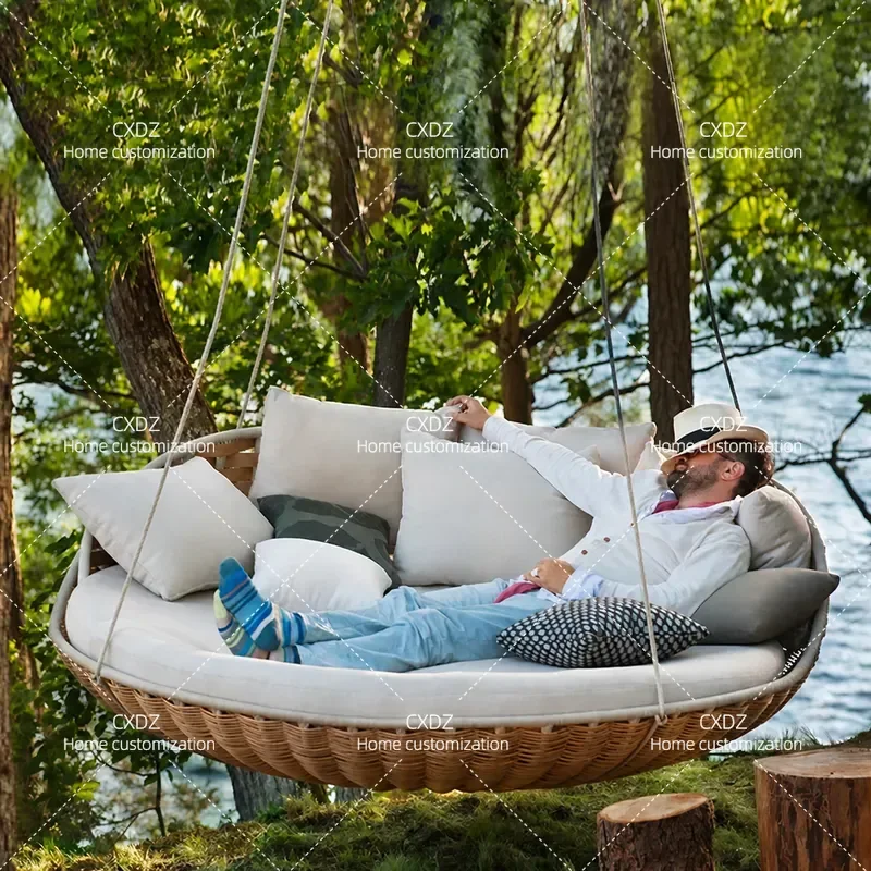 Outdoor Rattan Hammock Swing Double Rocking Chair Garden Balcony Hanging Seat Bird Nest Sofa Round Bed for Patio Homestay