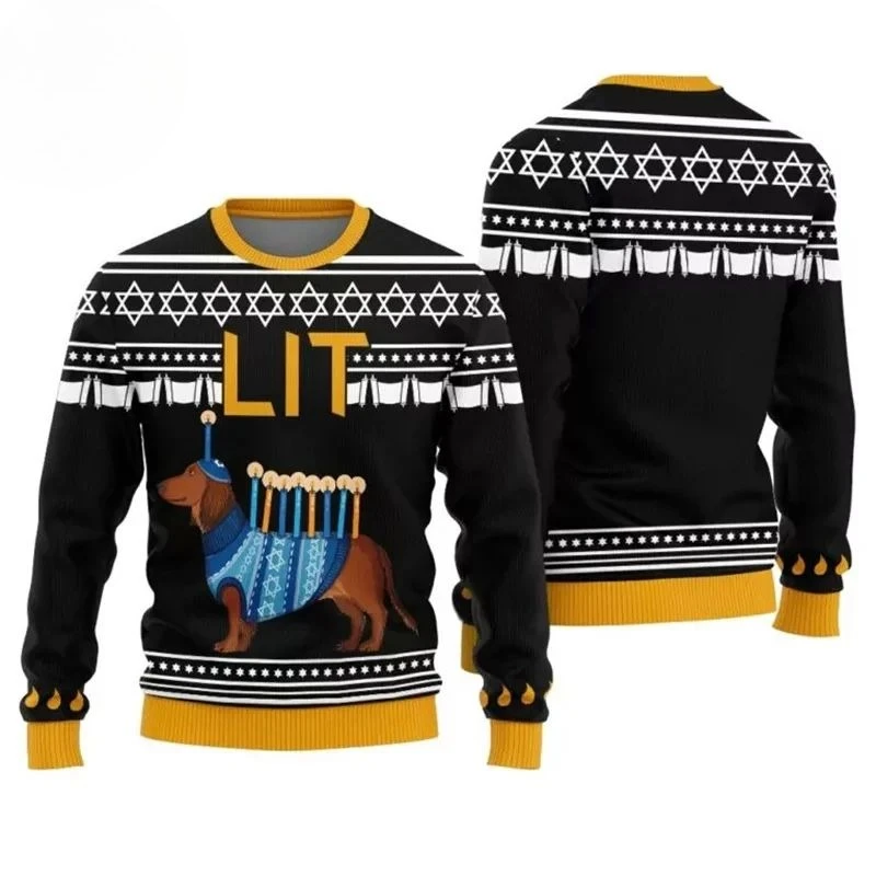 פולובר למבוגרים וילדים עם גרפיקה של כוכב דוד מנורה דאקסהונד ליט, חורף סתיו 2025, חם, נוח ומקורי