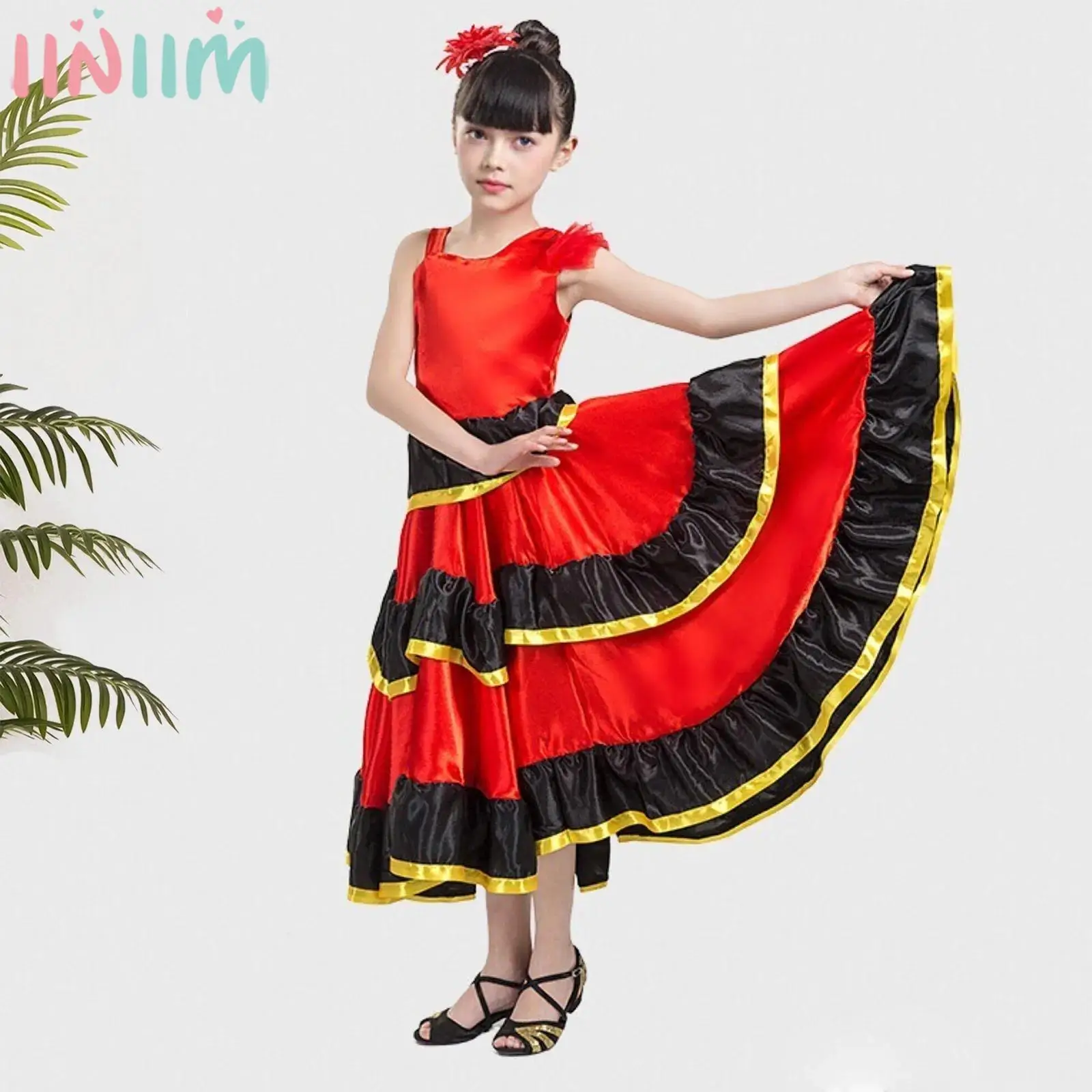 Children Girls Flamenco Dance Dress Tiered Ruffles Wide Hem Gown with Headwear Spanish Paso Doble Ballroom Rumba Dancewear