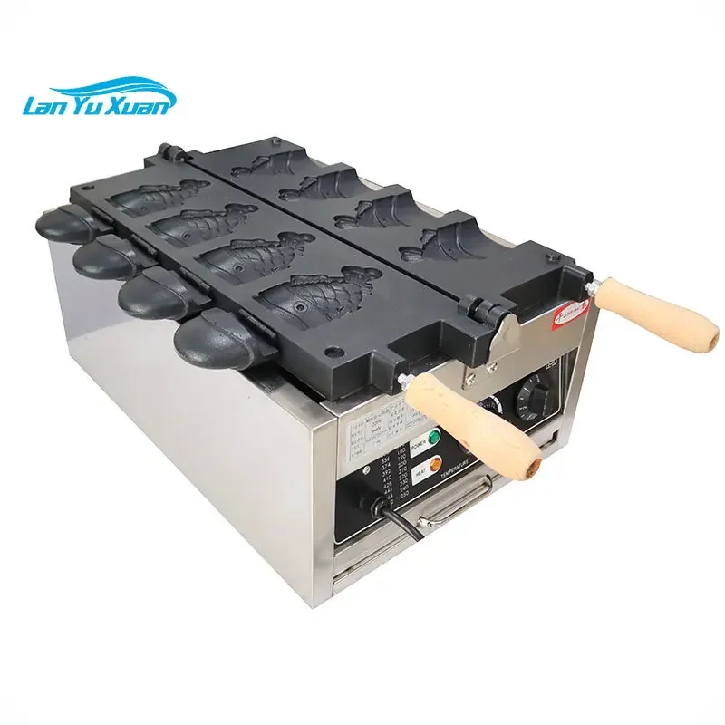 Snack Waffle Maker Machine Commercial Non-stick 4 Pcs Ice Open Mouth Fish Waffle Maker