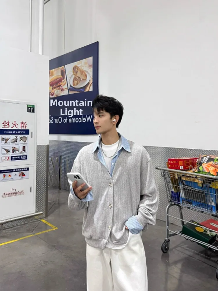 

Вязаный открытый кардиган в американском стиле ретро, мужской свободный длинный повседневный топ из полиэфирного волокна, обычный крой на пуговицах