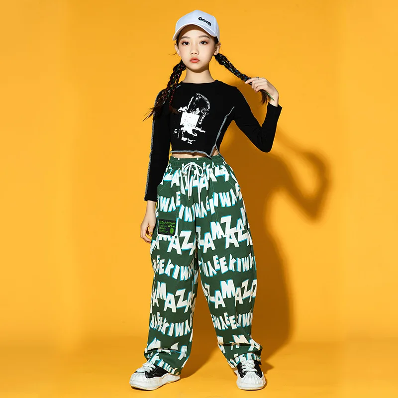 Girls Jazz Modern Dance Clothes Black Long Sleeve Top Baggy Pants Kpop Clothing for Kids Hip Hop Dance Performance Wear 12 14 Y