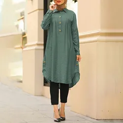 Summer Muslim Solid Shirt Dress For Women Simple Cotton Linen Long Shirt Saudi Arabia Islam Femme Tops Lady A-Line Shirt Dresses