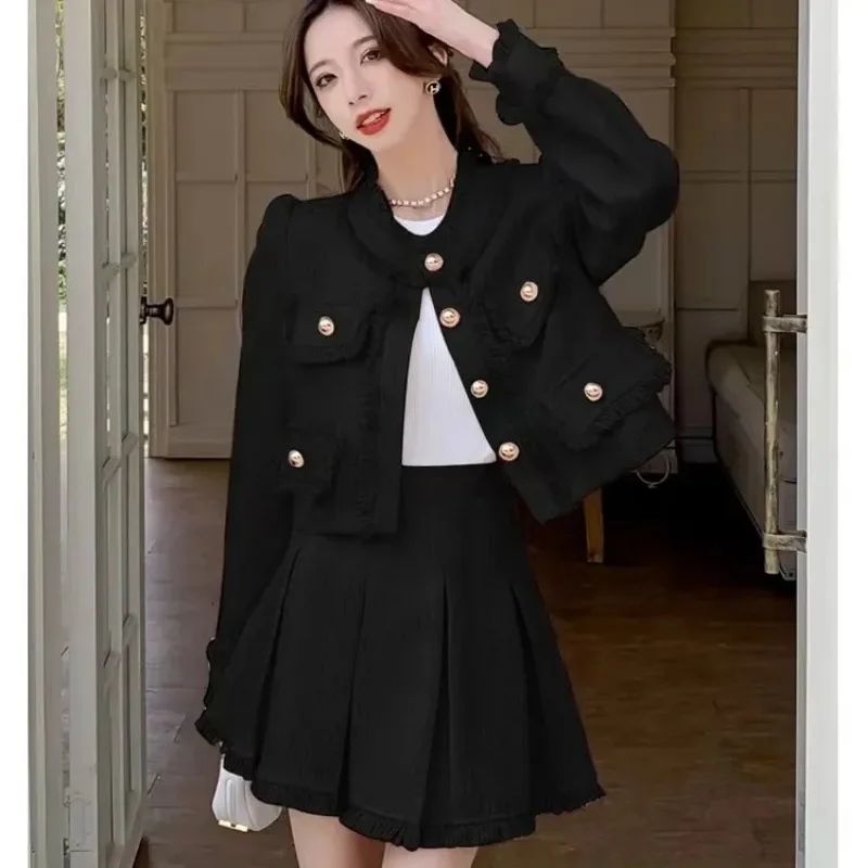 2022 Tweed donna nero Vintage Office Lady Blazer monopetto donna Casual Slim Blazer corto cappotti giacca di Tweed top neri