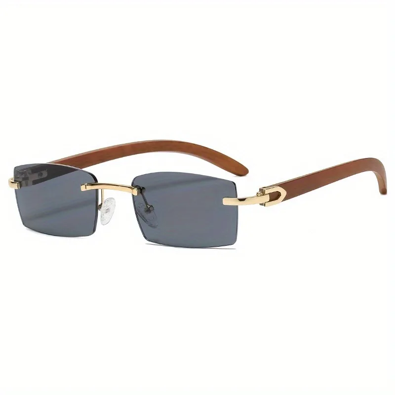 1pcs Men's Rimless Brown Retro Wood Grain & Gold Rim Rectangular Glasses Set with Case.