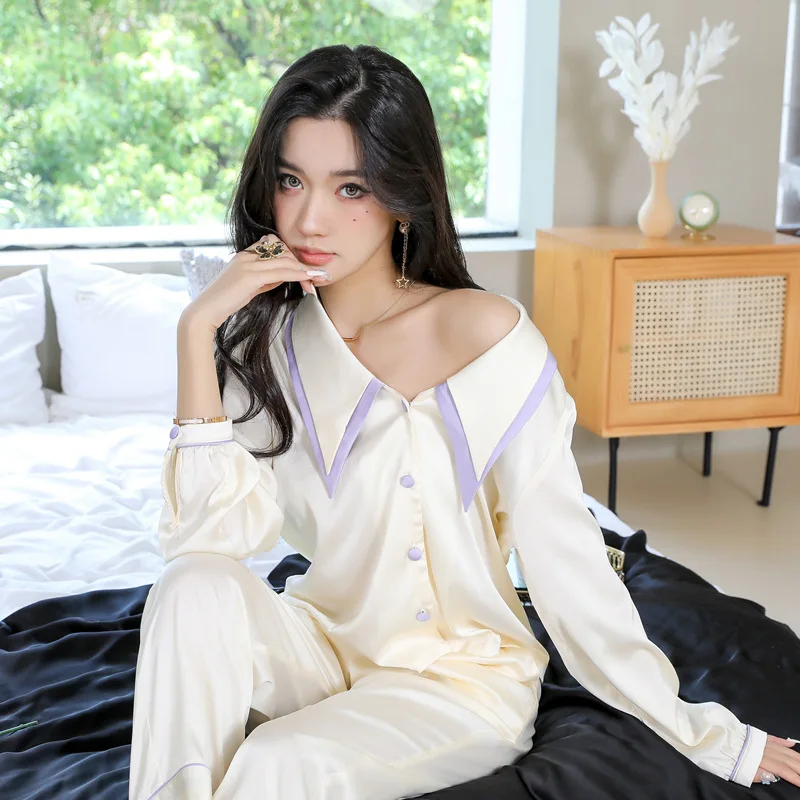 Women\'s Pajamas Suit Silk Satin Sleepwear Long Sleeve Shirt&pants 2Pcs Loose Trousers Set Lapel Femme Nightwear Suit Nightgown