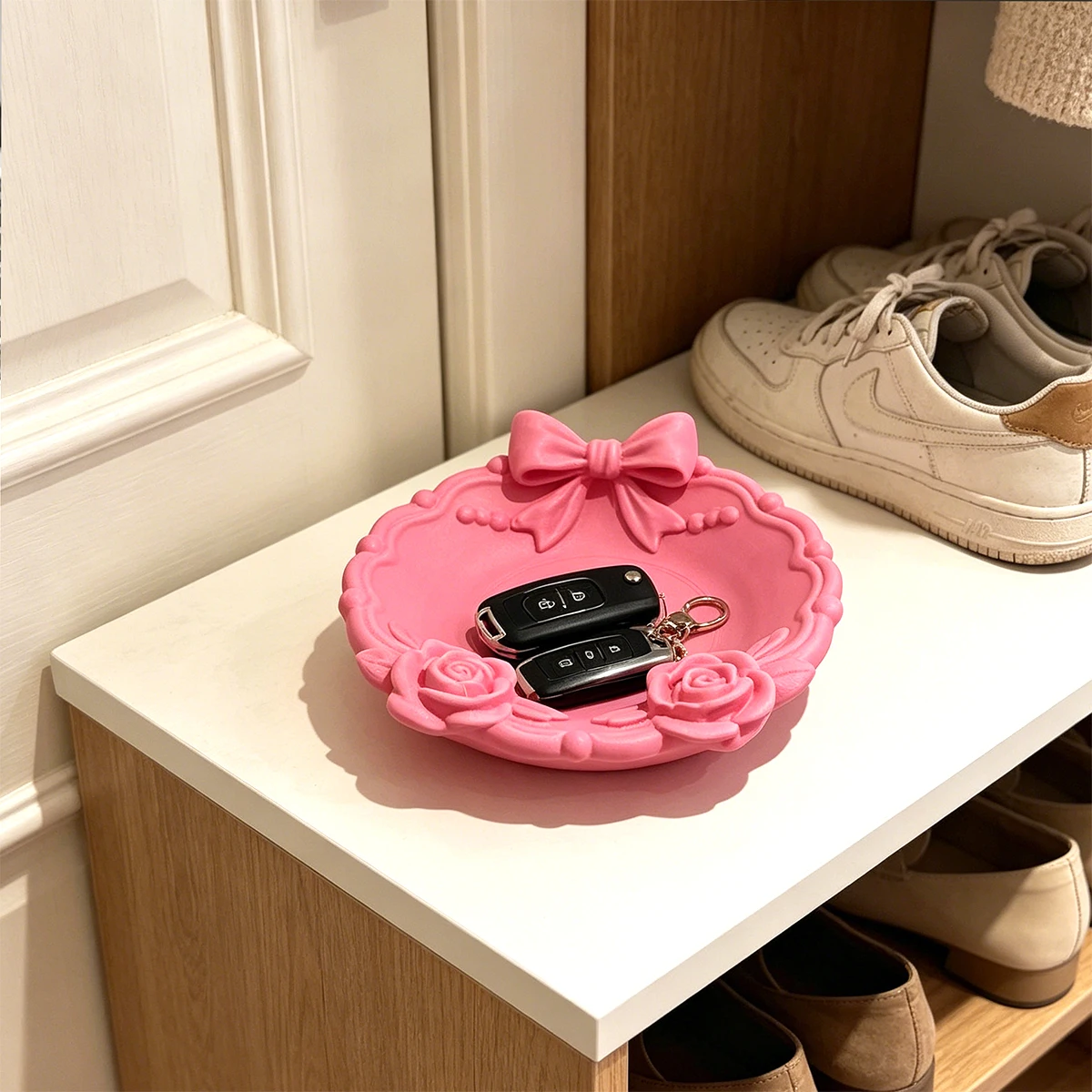 Small Pink Rose Bow Decorative Storage Tray, Mini Girly Desktop Key and Jewelry Organizer, Home Entryway Car Key and Coin Storage Box, Bedroom Vanity Ear Stud and Lipstick Organizer, Office Desk Stationery and Paper Clip Coin Storage Tray, Suitable for Entryway, Desktop, Vanity, Bathroom, Gift for Girls