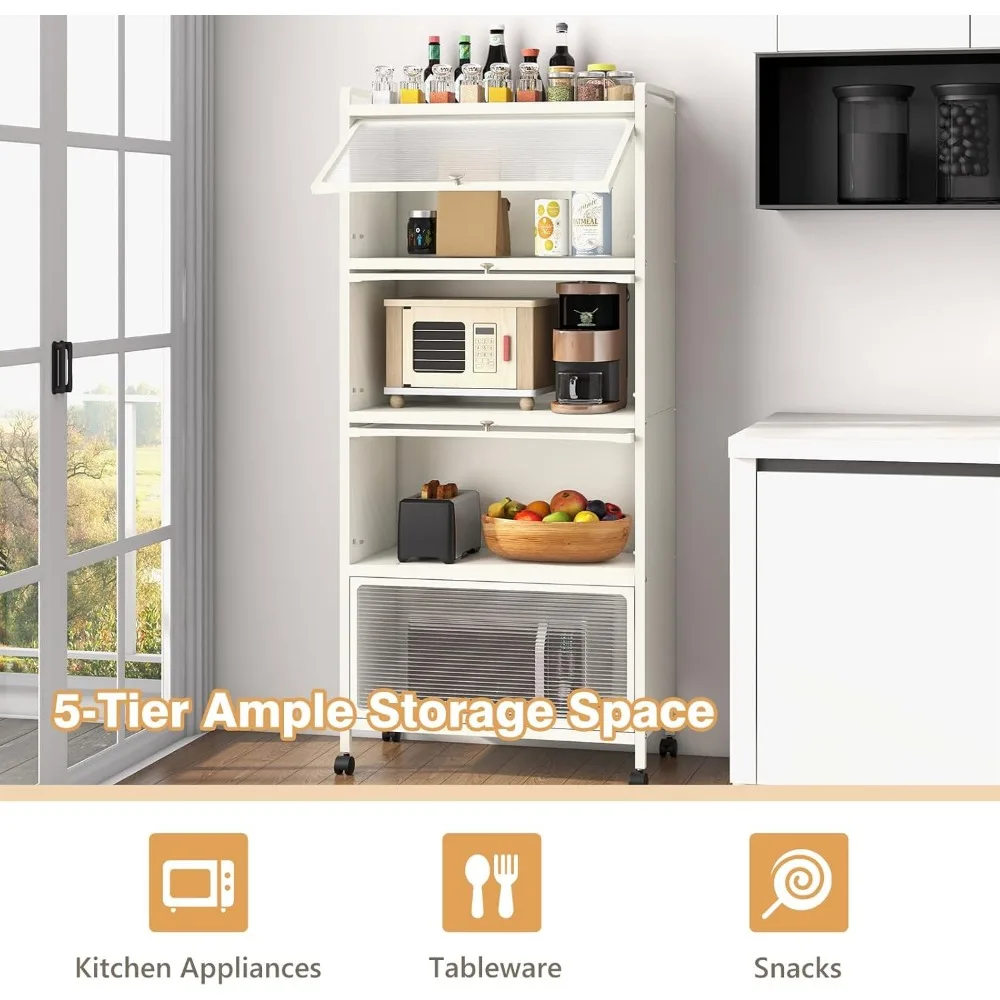 5-Tier Kitchen Storage Cabinet,Mobile Microwave Stand with Flip-up PCDoors,Freestanding Kitchen Bakers Rack with4Rolling Casters