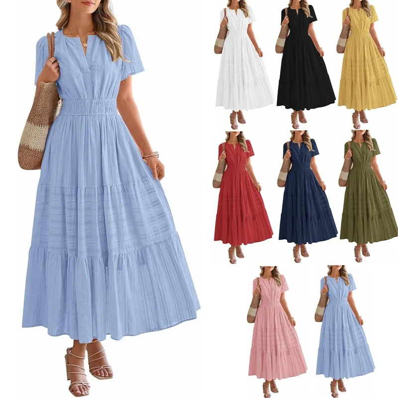 

2025 European and American Women's Clothing V-neck Pleated Bubble Sleeves Large Pendulum Short-sleeved Dress