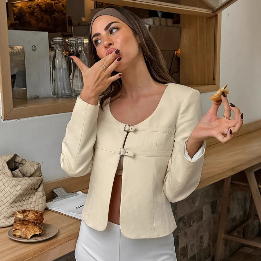 Casual Apricot Round Neck Short Blazer Suit Women Long Sleeve Single Breast Slit Slim Fit Coats Lady New Autumn High Street Wear