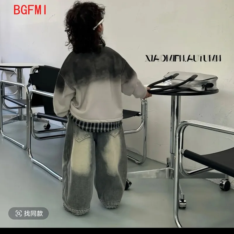 2-11Y Boys Fashion Velvet Sweater Winter Clothes Baby Handsome Boy Thick Polo Shirt+Denim Fabric Velvet Long Pants Two Piece Set