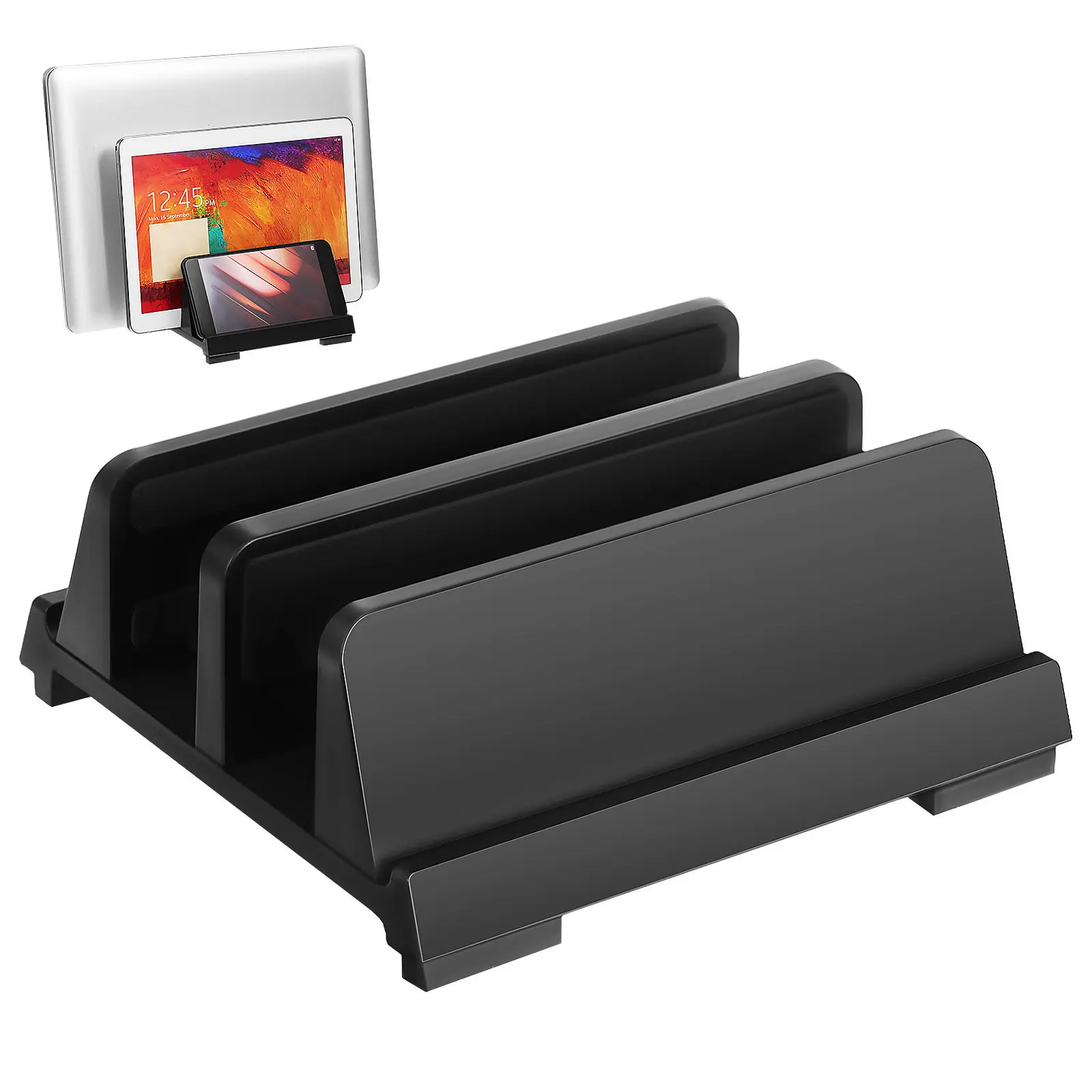 

Laptop Vertical Mount Dual Slot Adjustable Width Padded Side Walls Nonslip Bottom Desktop Laptop Stand for Clutter Free