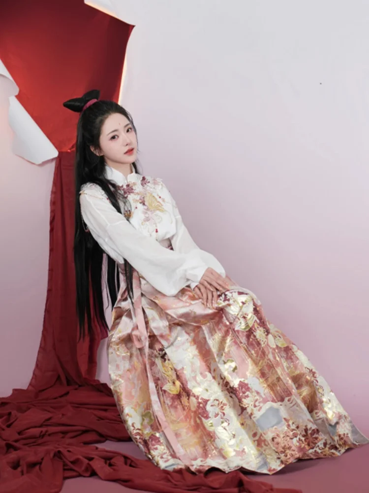 

Original Design Heavy Embroidered Gold Lace High Waist A-Line Skirt Hanfu Half Skirt by YiZhiGe Small Qing Four Seasons Model