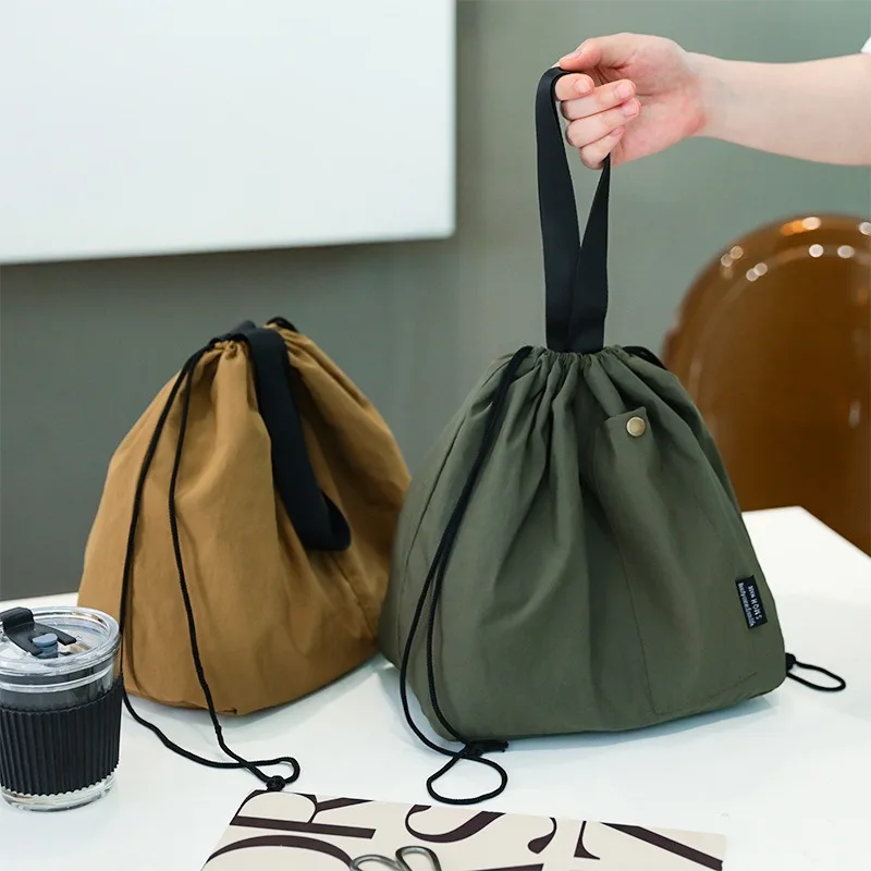Große, einfarbige, wasserdichte Bento-Box-Tasche mit Kordelzugverschluss, Thermo-Aufbewahrung, Lunchtasche für Picknick, Griff, Kühltasche